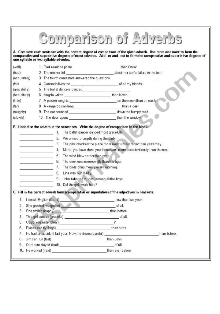 Degrees Of Comparison Of Adjectives And Adverbs Exercises Exercise Poster