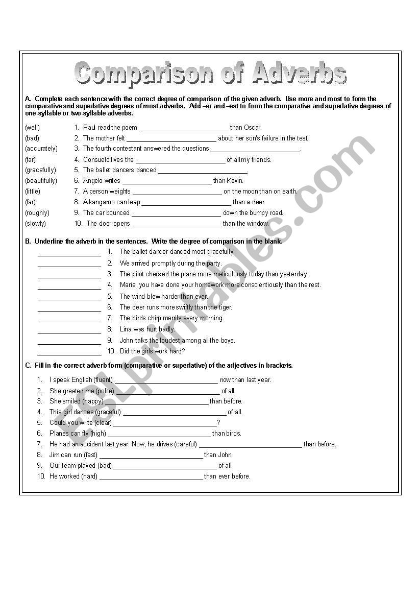 Forming The Degrees Of Comparison Of Adjectives And Adverbs Worksheets Adjectiveworksheets