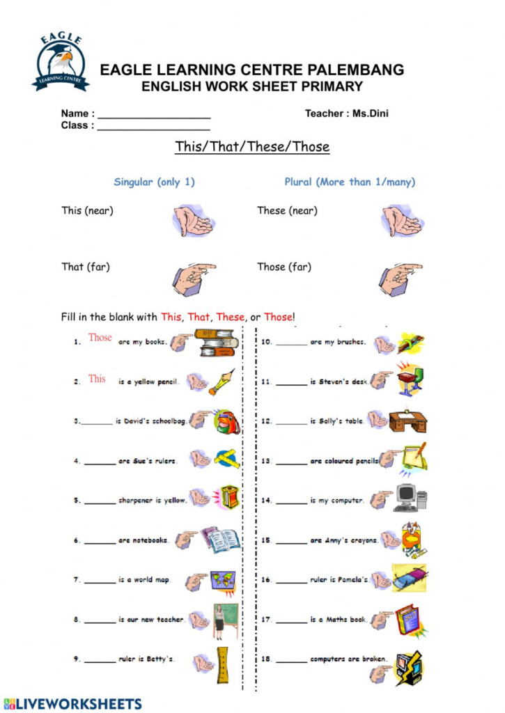 Demonstrative Pronoun Worksheet