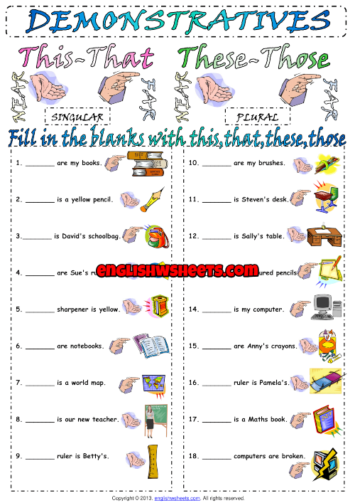 Demonstrative Pronouns ESL Exercise Worksheet