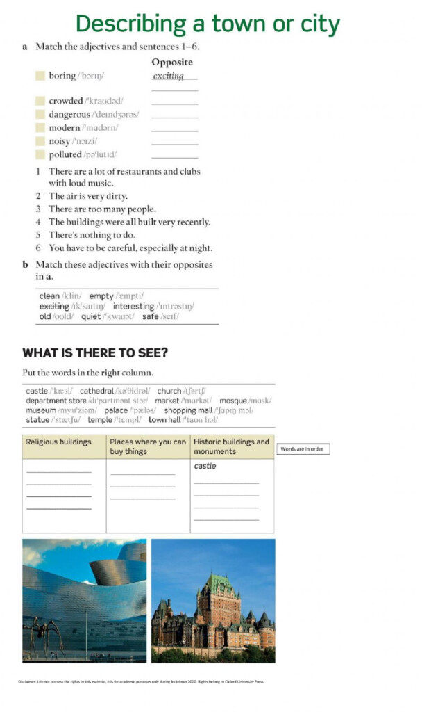 Describing A City Or Town Worksheet