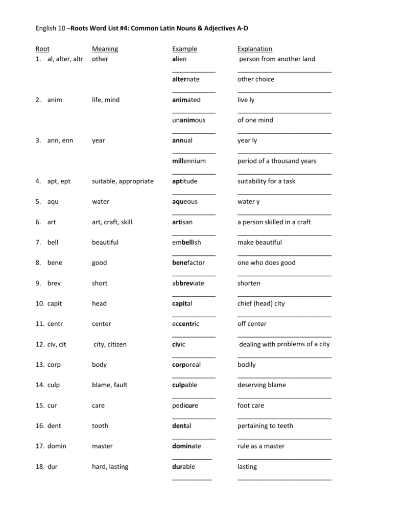 English 10 Roots Word List 4 Common Latin Nouns Adjectives