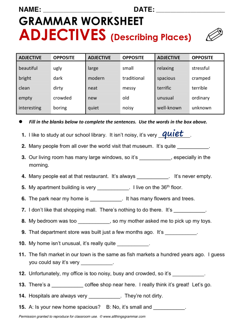 English Grammar Adjectives describing Places Http www 