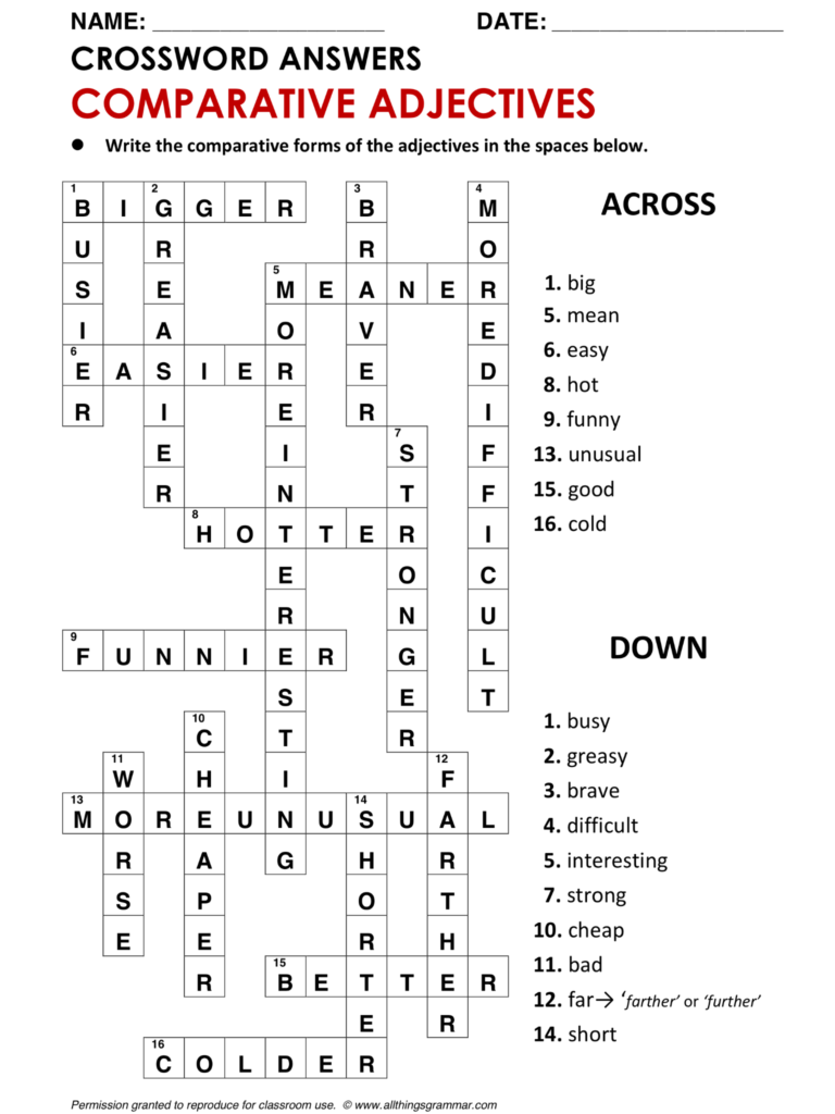 English Grammar Crossword Comparative Adjectives Http www 