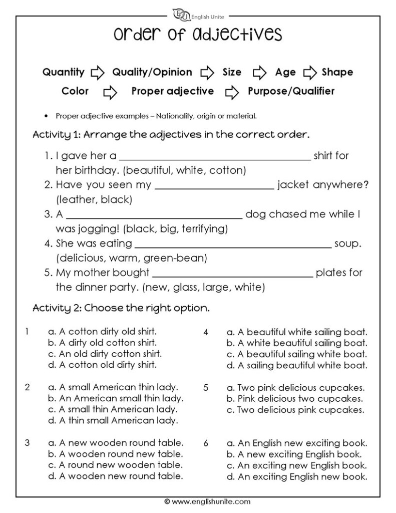 English Unite The Order Of Adjectives Worksheet