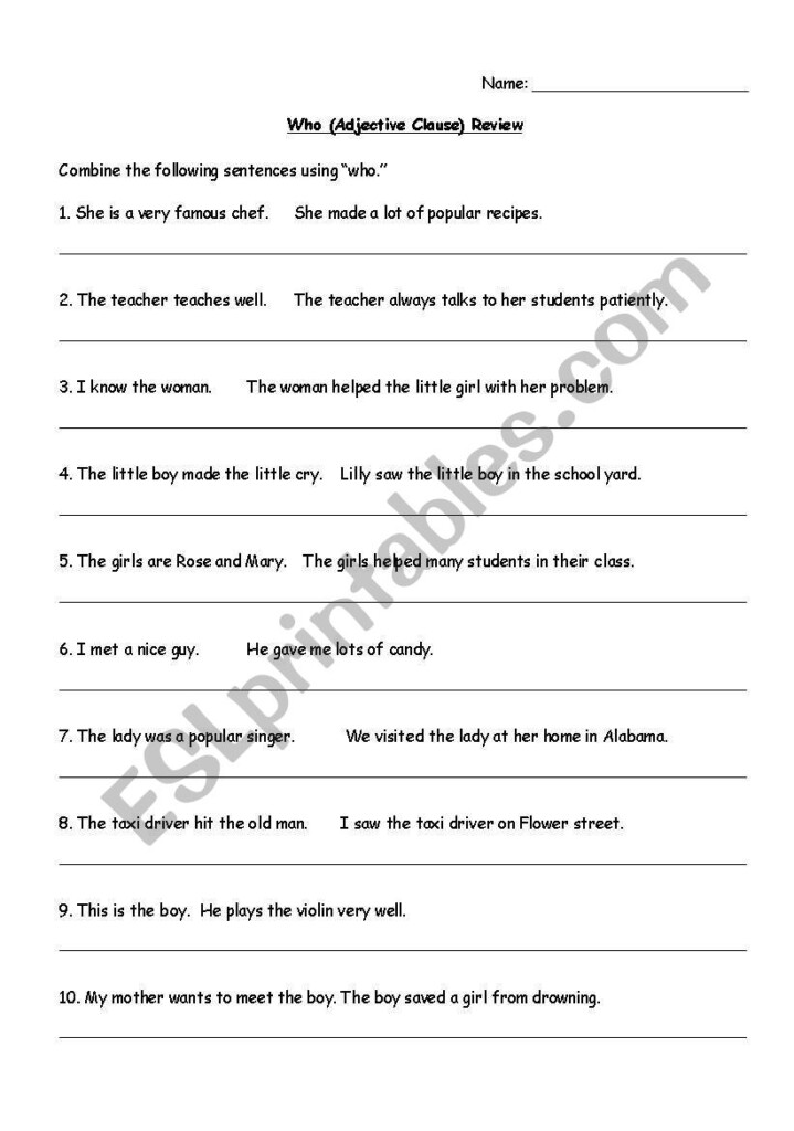 English Worksheets Adjective Clause Who Worksheet
