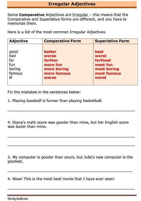 ESL Grammar Worksheets Irregular Adjectives Adjective Worksheet 