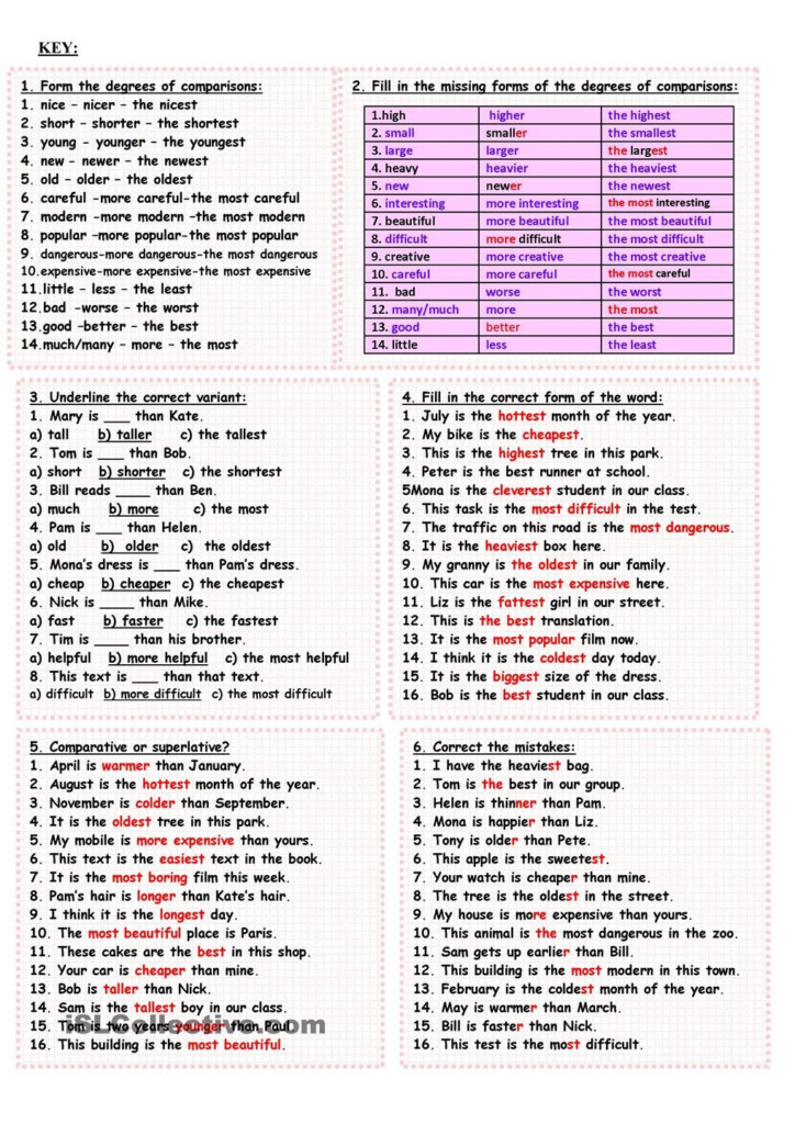 Free Esl Worksheets And Answer Keys For Comparatives Adjectives 15 