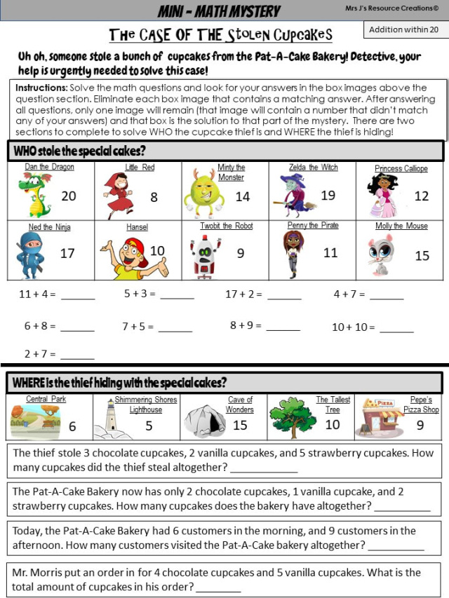 Free Mini Math Mystery For 1st Grade Addition Worksheet Game