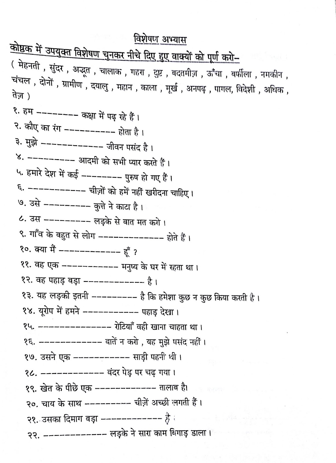 Hindi Grammar Work Sheet Collection For Classes 5 6 7 8 Adjectives