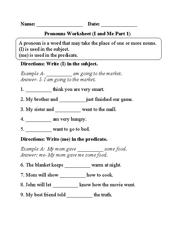 I And Me Personal Pronouns Worksheet Pronoun Worksheets Personal