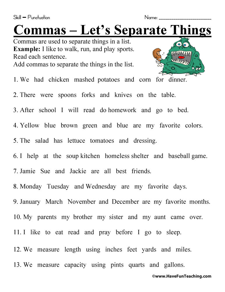 Let s Separate Things Comma Worksheet Have Fun Teaching