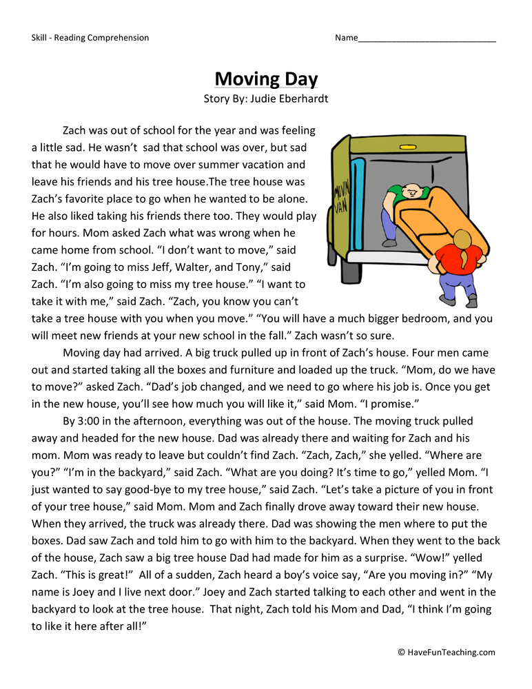 Moving Day Reading Comprehension Worksheet Have Fun Teaching