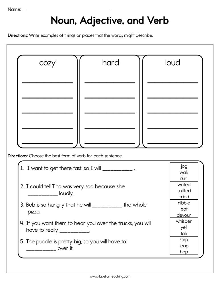 Noun Adjective And Verb Worksheet Have Fun Teaching