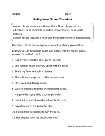 Nouns Worksheets Noun Phrases Worksheets