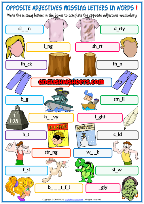 Opposite Adjectives ESL Missing Letters In Words Worksheets