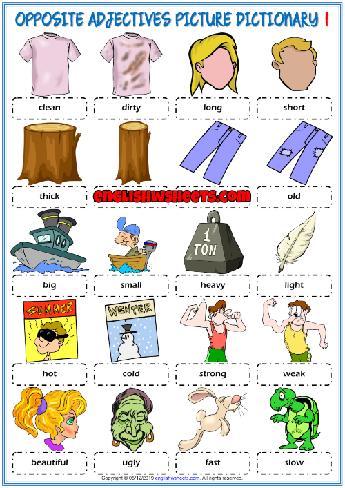 Opposite Adjectives ESL Picture Dictionary Worksheets For Kids