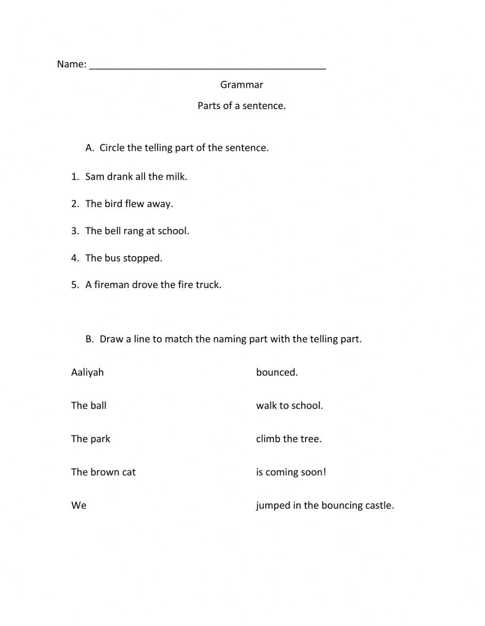 Parts Of A Sentences Worksheet