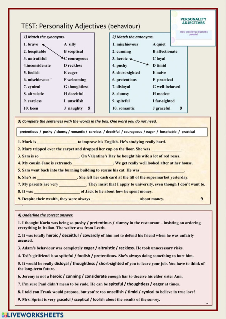 Personality Adjectives Interactive Worksheet For Advanced