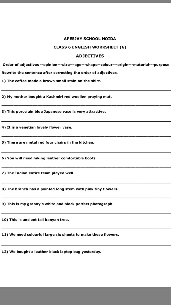 Please Answer APEEJAY SCHOOL NOIDA CLASS 6 ENGLISH WORKSHEET 6 