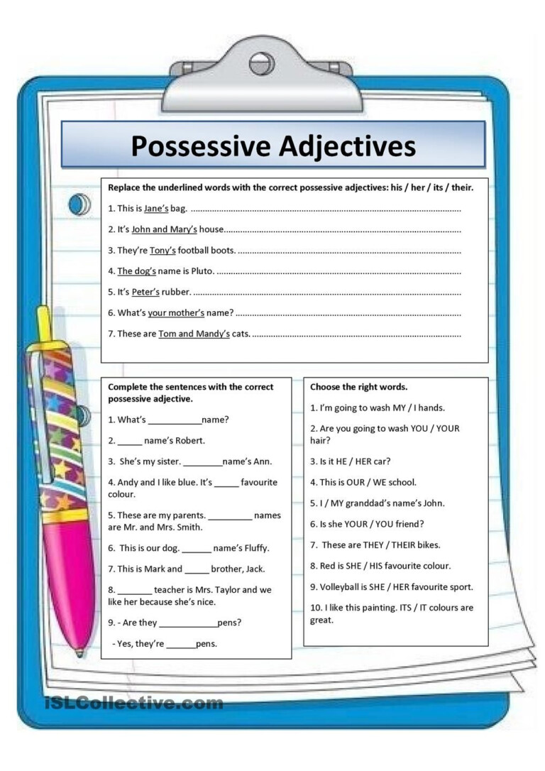 Possessive Pronouns Worksheets For Grade 5 With Answers Adjectiveworksheets