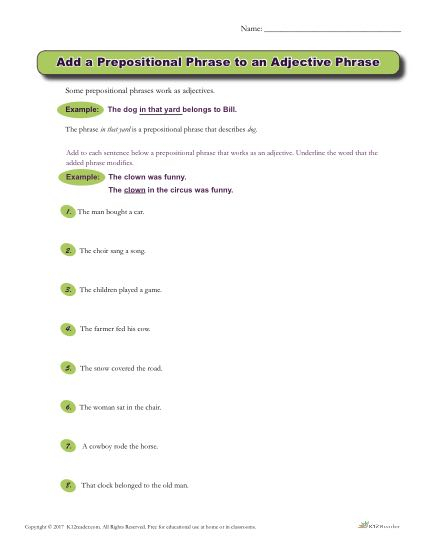 Prepositional Phrase As An Adjective Phrase Printable Activity