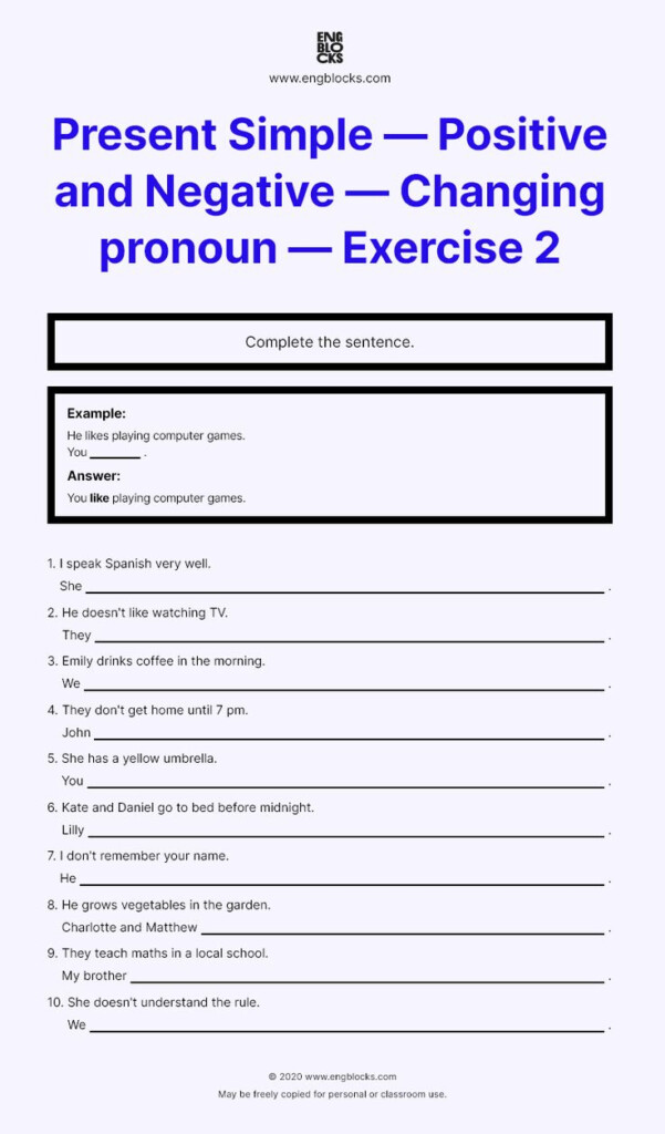 Present Simple Positive And Negative Changing Pronoun Exercise 2 