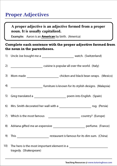 Proper Adjectives Worksheet