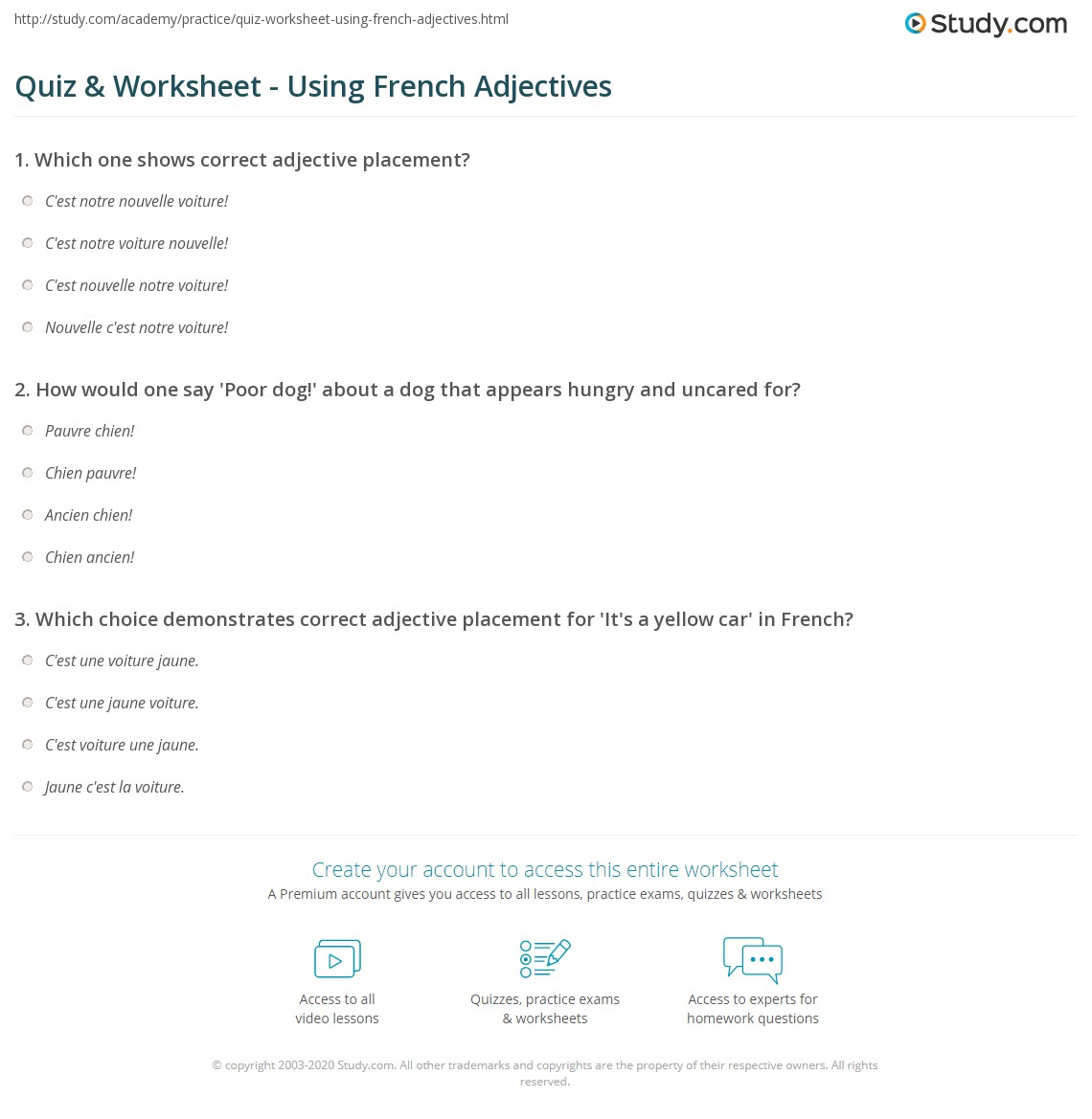 Quiz Worksheet Using French Adjectives Study