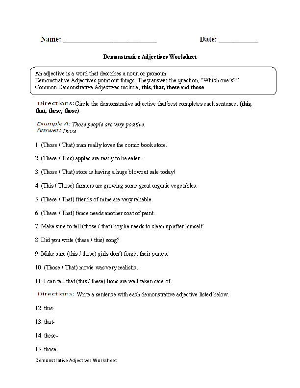 Regular Adjectives Worksheets Demonstrative Adjectives Worksheet