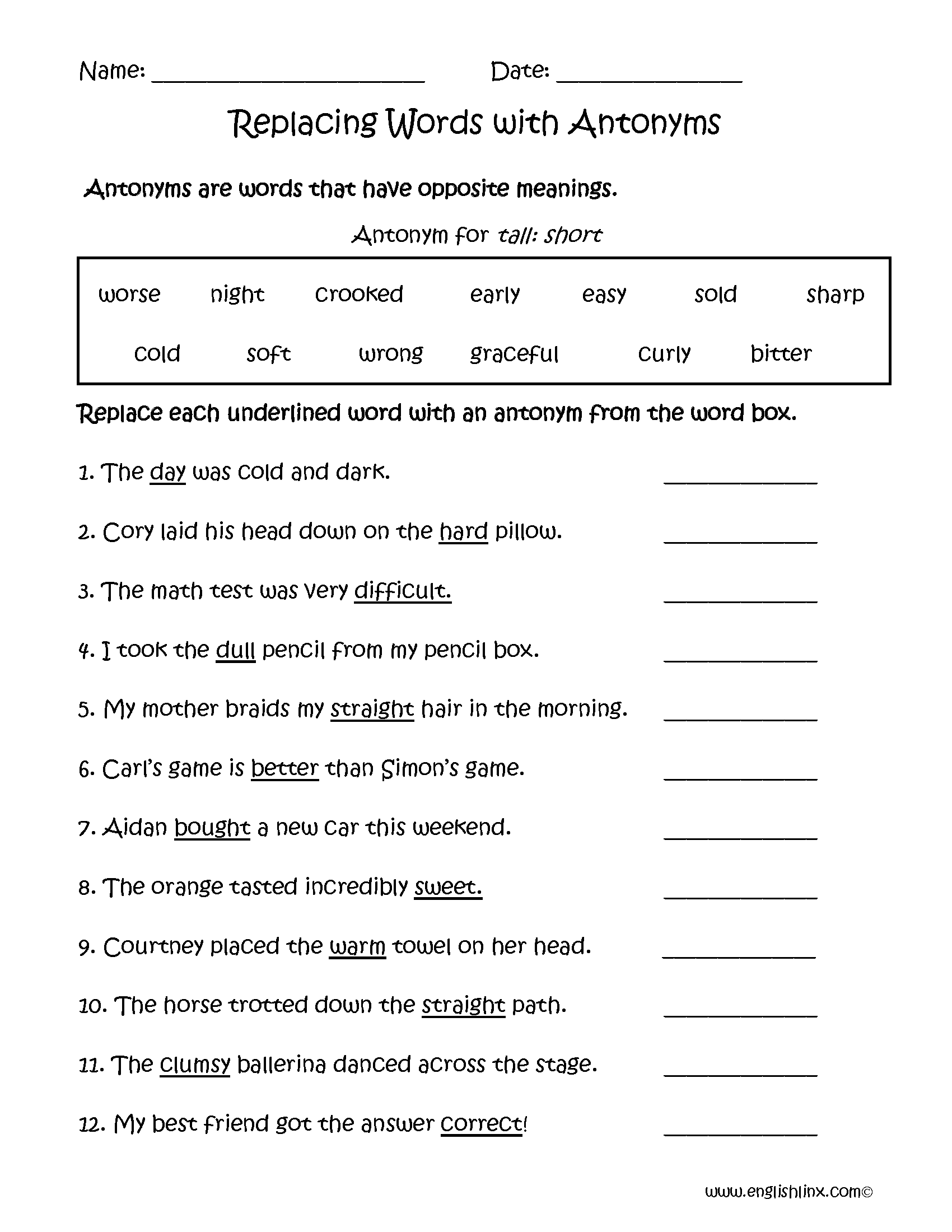 Replacing Words With Antonyms Worksheets Antonyms Worksheet 2nd
