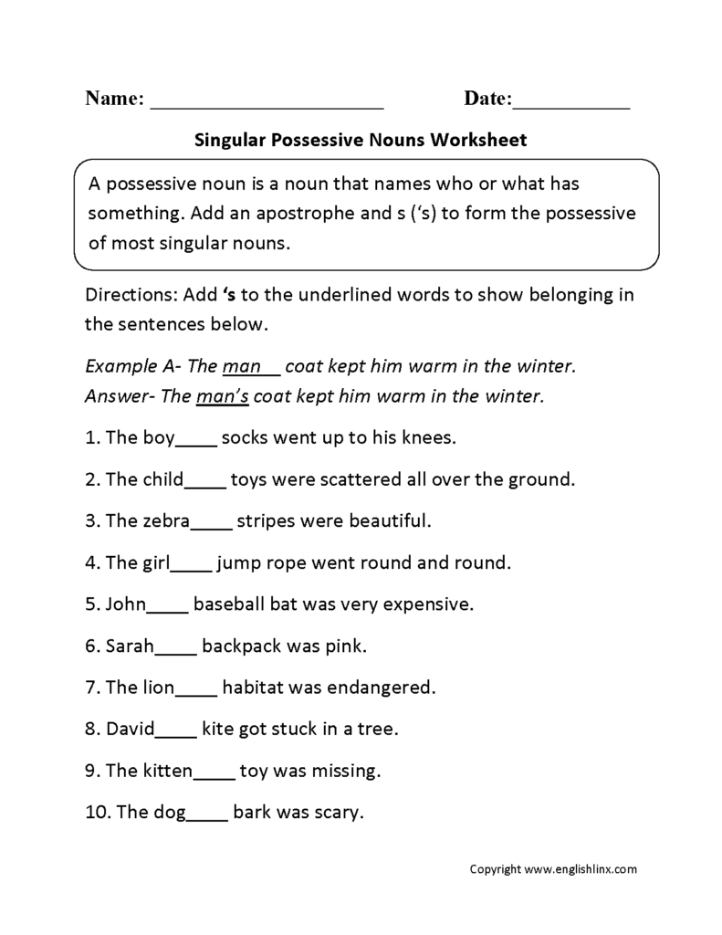 Singular Possessive Nouns Worksheets Possessive Nouns Singular 