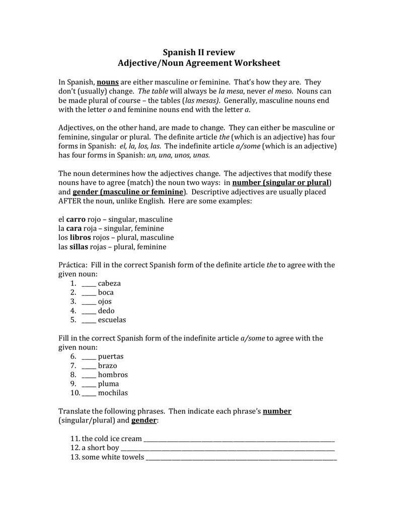 Spanish II Review Adjective Noun Agreement Worksheet