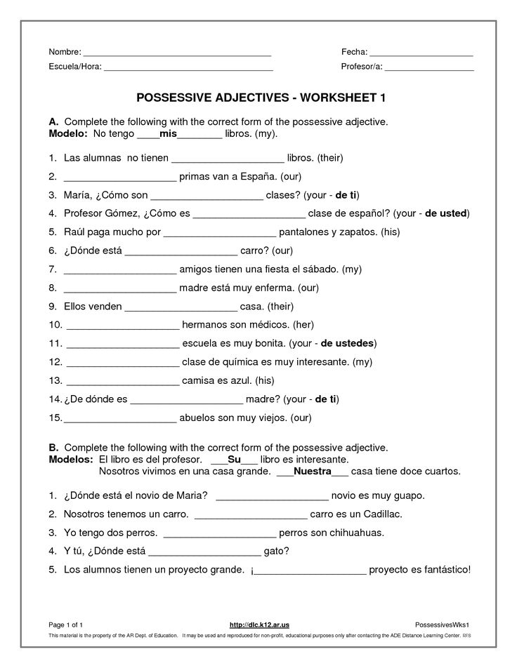 Spanish Possessive Adjectives Worksheet Pdf EduForKid