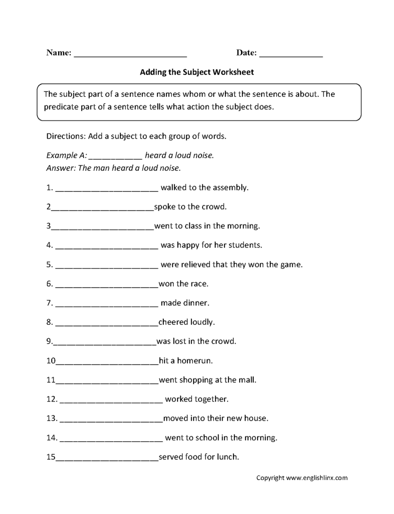 Subject And Predicate Worksheets Adding A Subject Worksheet