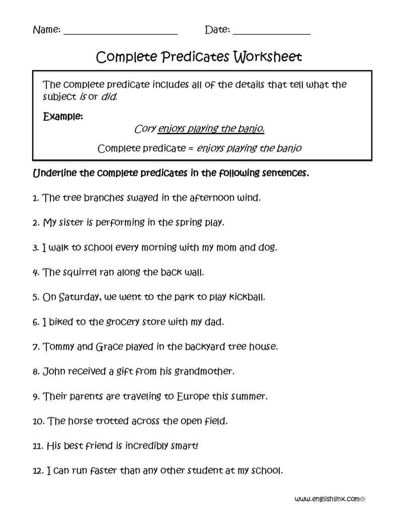 Subject And Predicate Worksheets Complete Predicates Worksheet