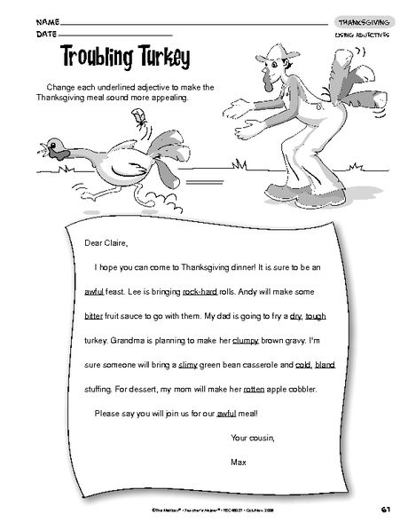 Troubling Turkey Thanksgiving Using Adjectives Kindergarten word 