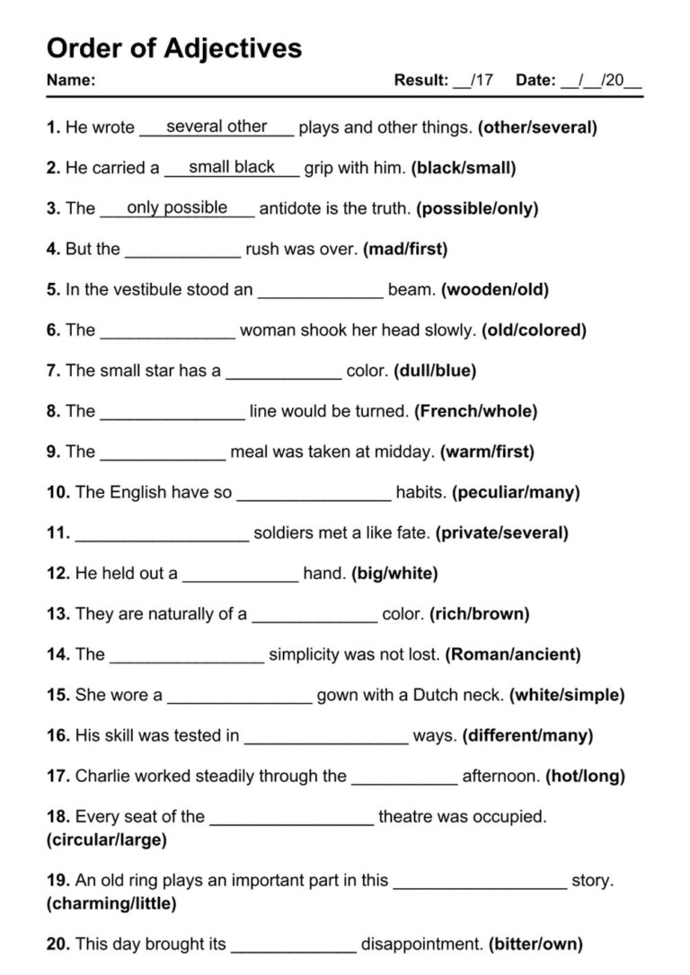 French Order Of Adjectives Worksheets Pdf With Answers