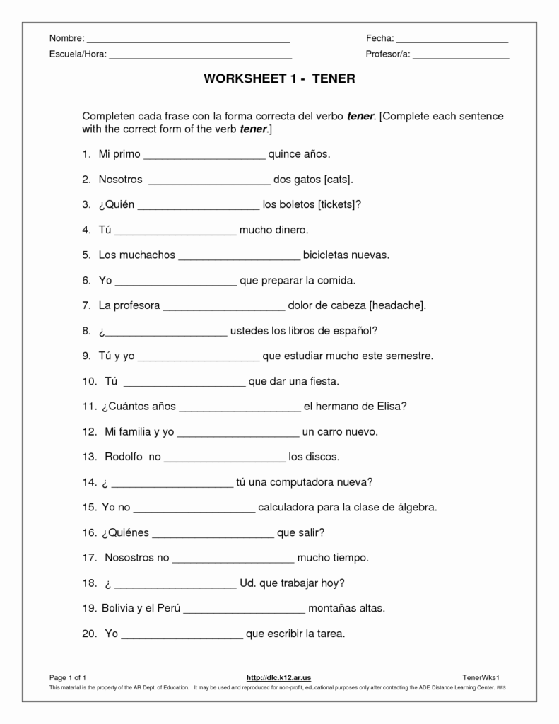 50 Possessive Adjective Spanish Worksheet