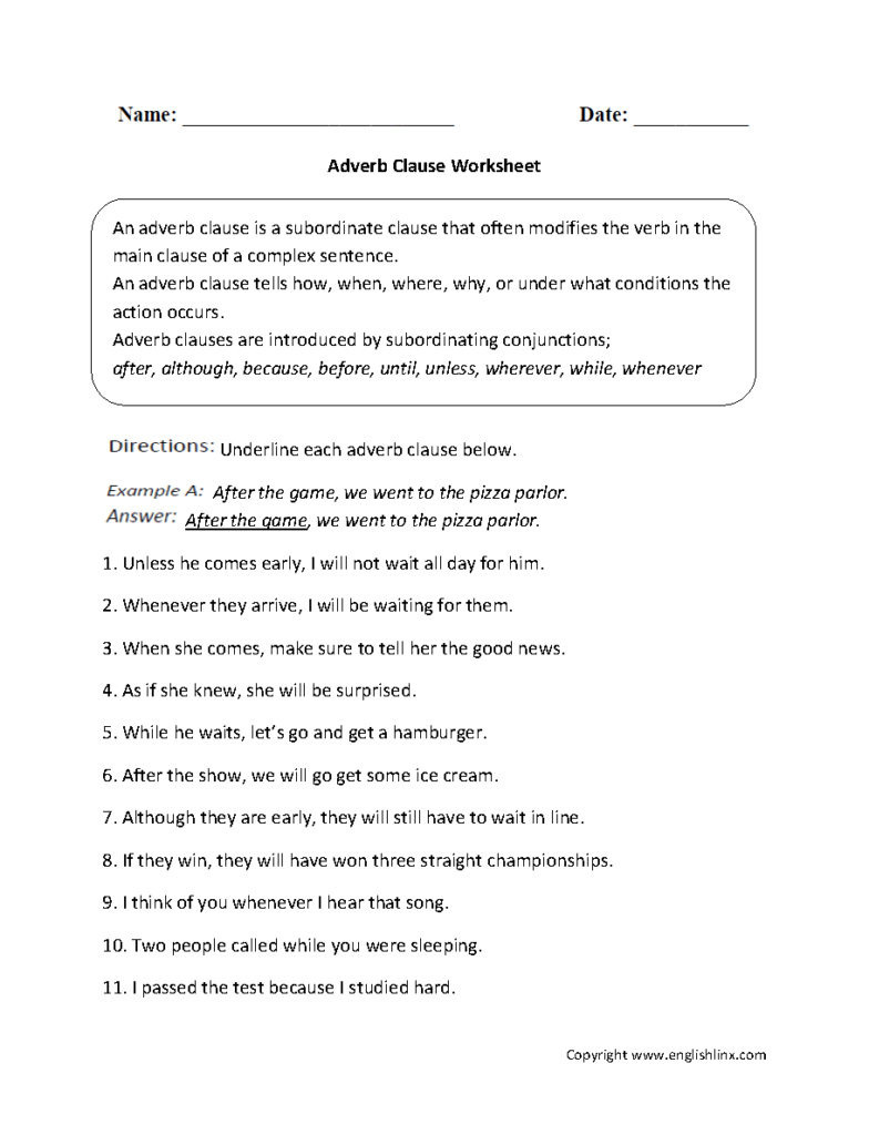 8th Grade Adverb Clause Worksheet Kidsworksheetfun