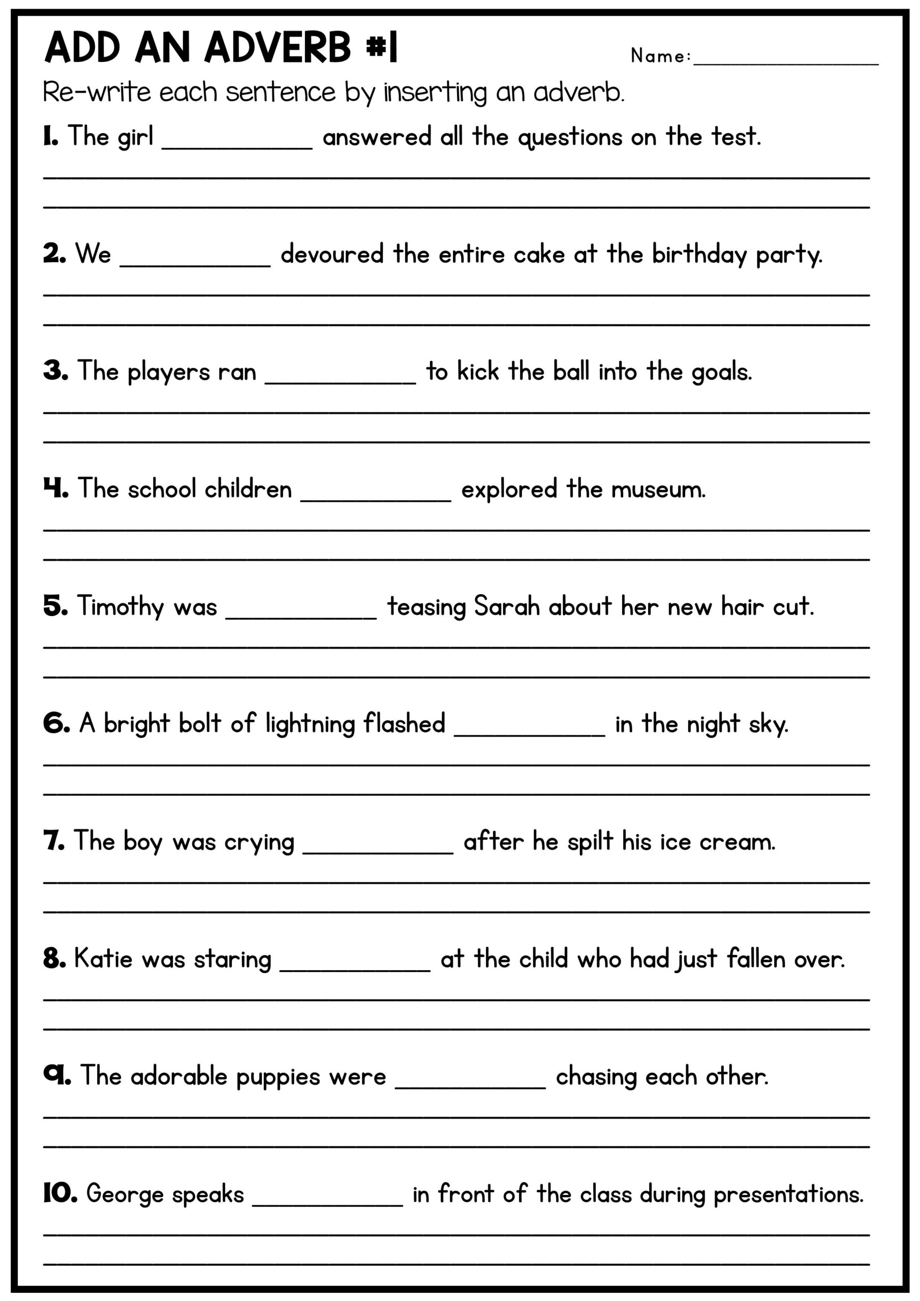 Add An Adverb To The Sentences Worksheet Adjectives Sentence