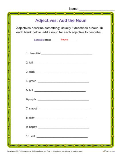 Add The Noun Printable Adjectives Classroom Activity