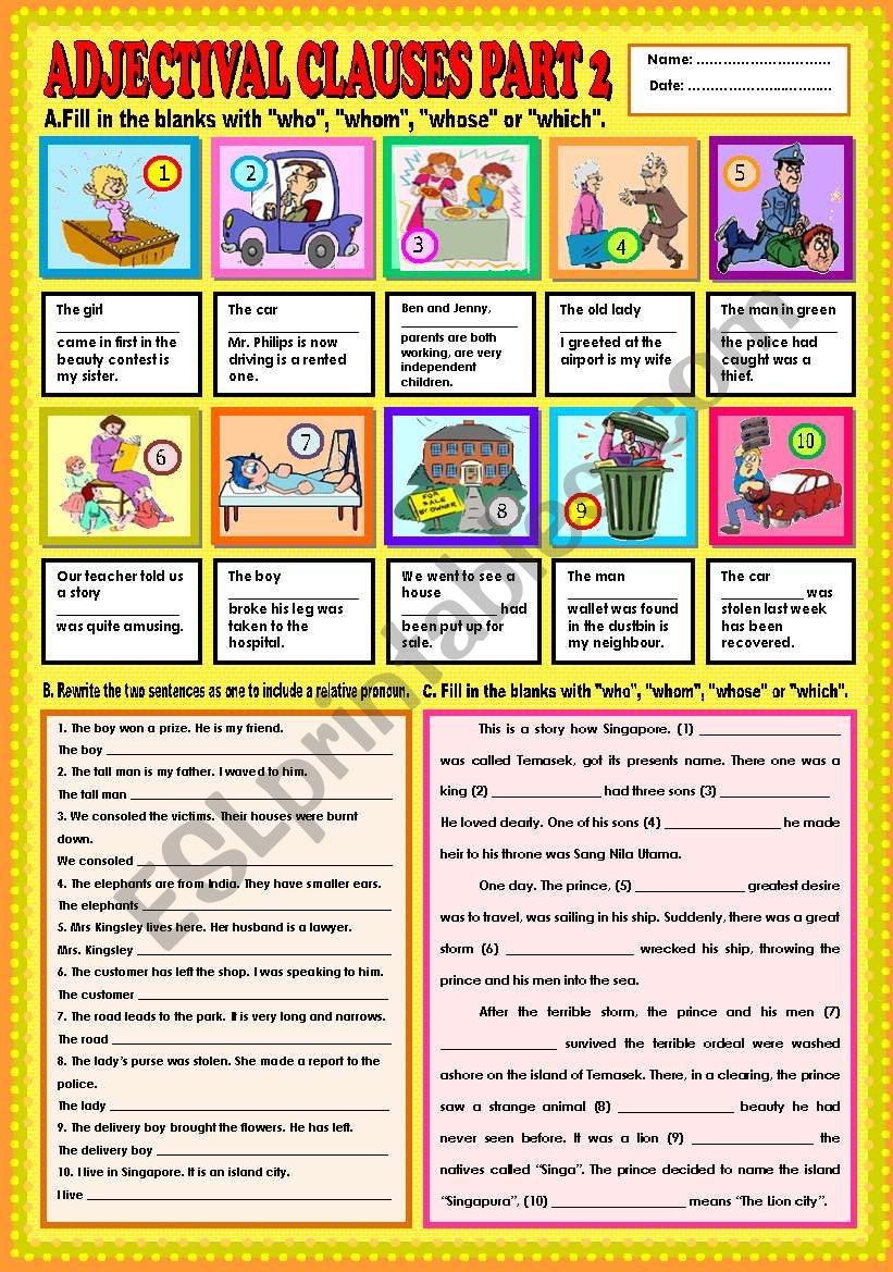 Adjectival Clause Part 2 who Whom Whose Which KEY ESL