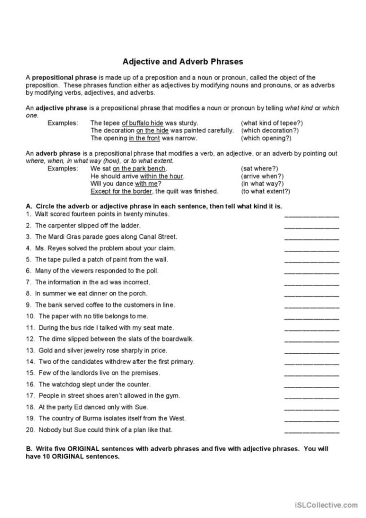 Adjective and Adverb Phrases English ESL Worksheets Pdf Doc
