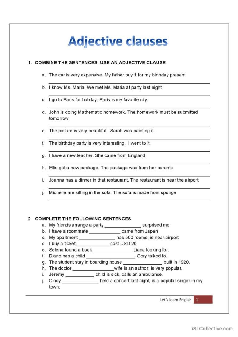 ADJECTIVE CLAUSE English ESL Worksheets Pdf Doc