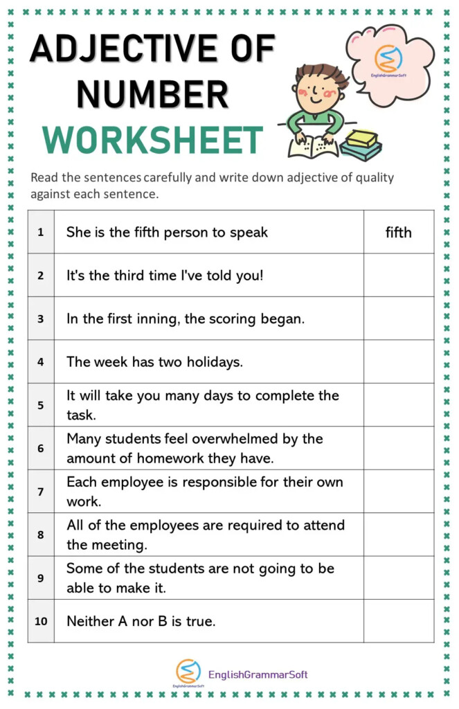 Adjective Of Number Examples List Worksheet EnglishGrammarSoft