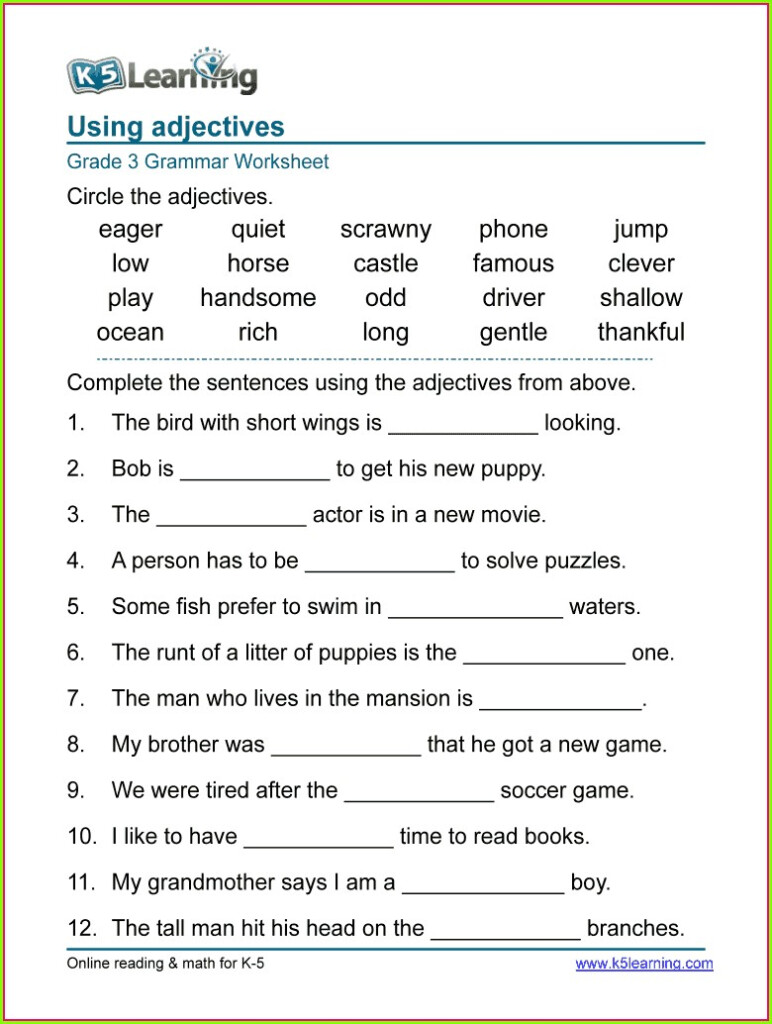Adjective Worksheet 3rd Grade Printable Word Searches