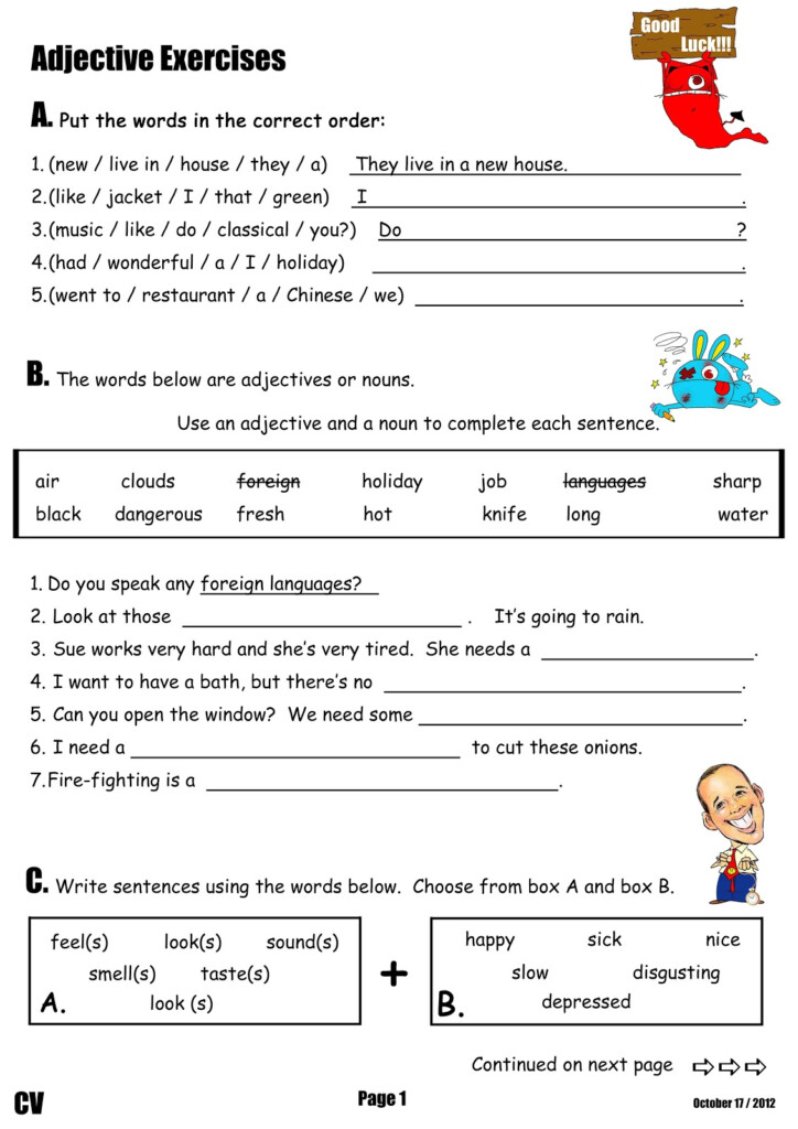 Adjective Worksheets Adjective Exercises For Class 7 Worksheet Ideas