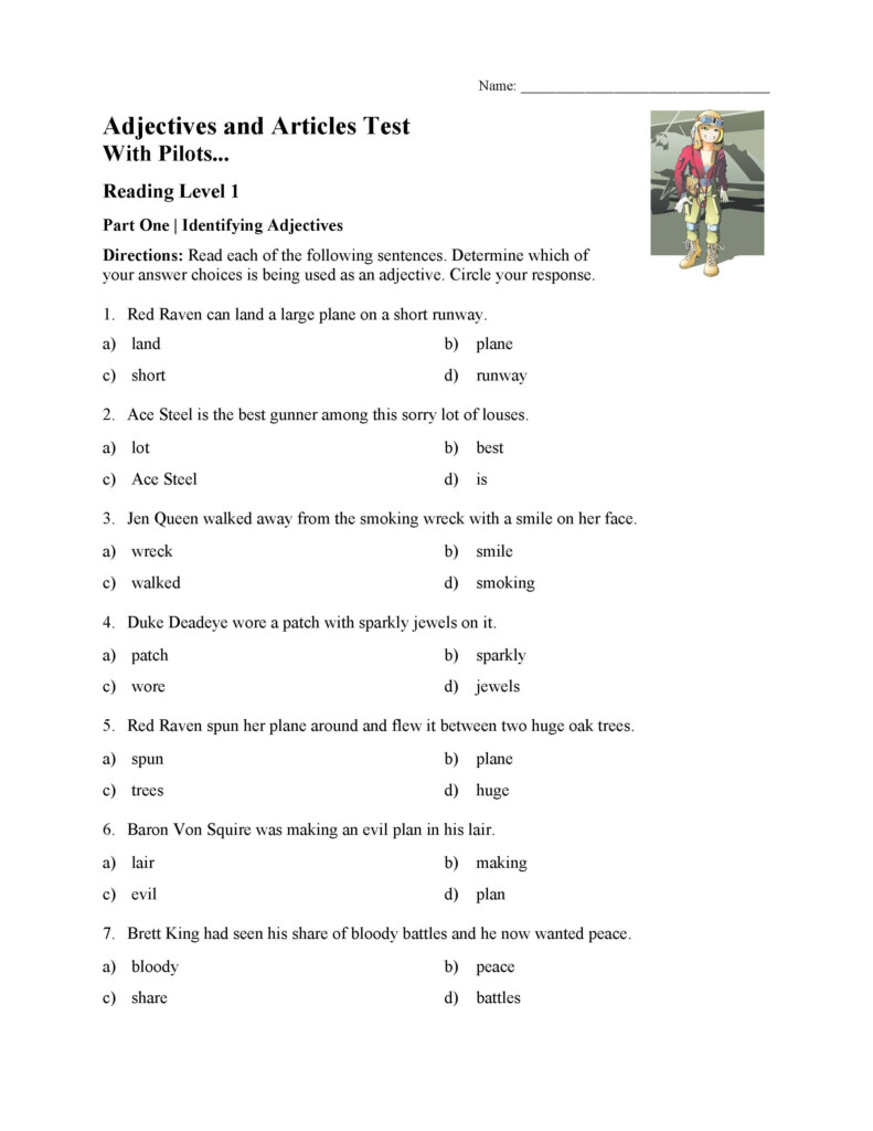 Adjectives And Articles Test With Pilots Reading Level 1 Preview