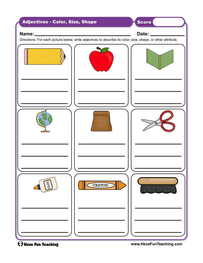 Adjectives Color Size Shape Worksheet Have Fun Teaching